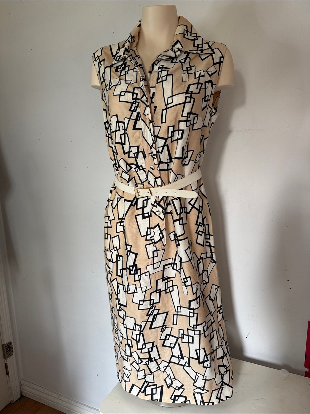 AUTHENTIC Pure Silk Lanvin Beige and Black Geometric Midi Dress from the 1970s